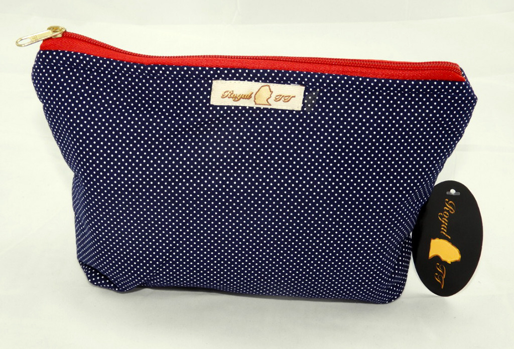 Necessaire Tricoline Azul Marinho e Po&aacute; Branco Z&iacute;per Vermelho
